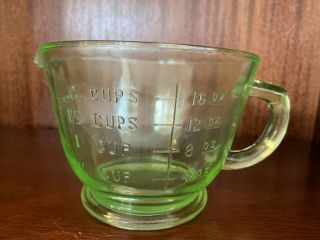 Antique Green Vaseline Depression Glass 2 Cup Measuring Pitcher
