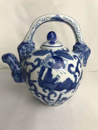 Old Chinese Teapot Blue White Porcelain Marked Signed Looks Hand Painted