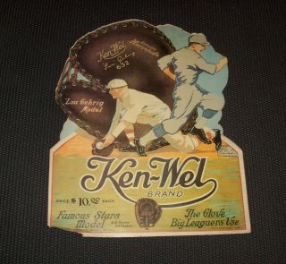 Antique Ken - Wel Baseball Glove Store Display Sign Lou Gehrig Cardboard Vtg Orig