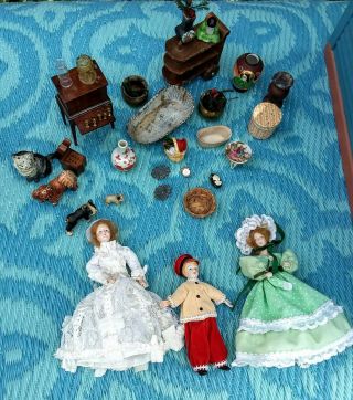 Antique Victorian Dollhouse Furniture Porcelain Dolls And Accessories 1:12 Scale