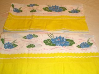 Vintage Pillowcases Feed Sack Lily Pads 1960s Yellow White