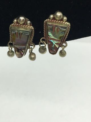 925 Sterling Silver Antique Vintage Alpaca Taxco Mexico Stone Earrings Screw On