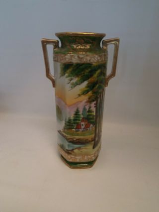 Antique Hand Painted I E & C Co Japan Vase Gold & Green Countryside Village
