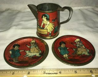Antique Tin Litho 3pc Tea Set Teapot Plates Children Toy Pet Dogs Dachshund Usa