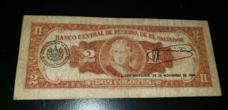 El Salvador 2 Colones 1964 Collectible Antique Banknote Billete Coin