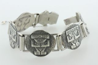 Antique 900 Sterling Silver Inca Design Tribal Figure Link Panel Bracelet - 7.  25 "