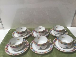 Antique Dresden Set 6 Demi - Tasse Teacup & Saucers Handgemalt Gold/multicolor