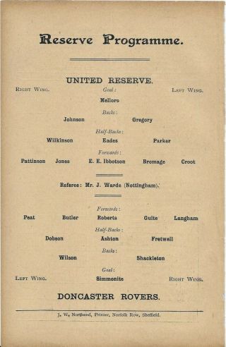 Antique Programme Sheffield United Reserves V Doncaster Rovers 1 - 12 - 1906