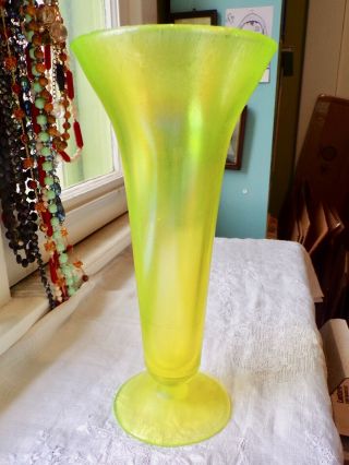 Giant Antique Fenton Canary Vaseline Stretch Glass Vase 11 1/2 " 1920 
