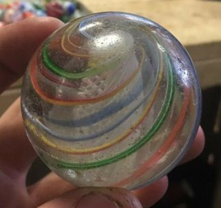 Antique 2 1/4” Latticino Core Handmade Marble Multi Color Swirl Huge Toy