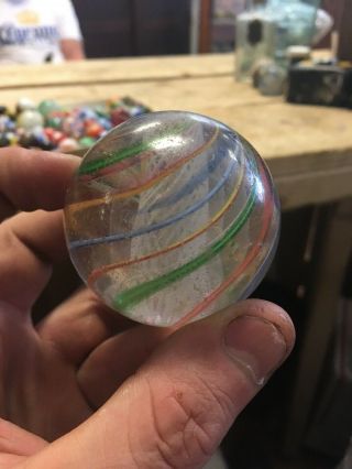 Antique 2 1/4” Latticino Core Handmade Marble Multi Color Swirl Huge Toy 3