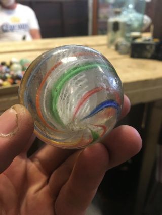 Antique 2 1/4” Latticino Core Handmade Marble Multi Color Swirl Huge Toy 8