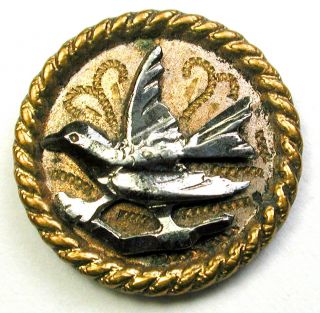 Bb Antique Brass Button W Cut Steel Bird On Etched Back Design - 11/16 "