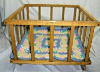 Vintage 1950 Large Doll Wooden Playpen On Wood Wheels By Whitney Bros.  Co 471