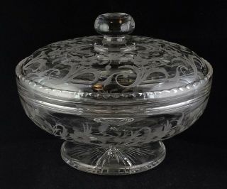 Antique Cut Crystal Large Floral Engraved Lidded Glass Bowl