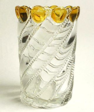 Antique Eapg Beaded Swirl And Yellow Lens Celery Vase Pattern Glass Spooner