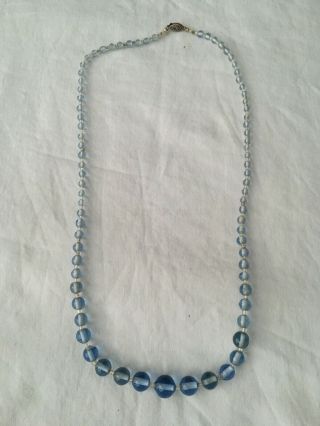 Antique Vtg Czech Blue Glass Bead Necklace With Sterling Silver Clasp