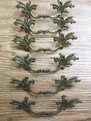 (6) Antique Solid Brass French Provincial Drawer Pulls / Handles - - W/ Screws