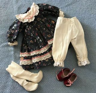 Vtg Doll Dress Outfit Clothes Blue Floral Eyelet Lace Socks Red Shoes Fits 13”