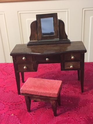 Vintage Dollhouse Miniature Dressing Table Vanity W/mirror Flocked Stool Drawers
