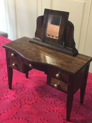 Vintage Dollhouse Miniature Dressing Table Vanity W/Mirror Flocked Stool Drawers 2