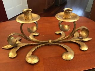 Vintage Gold Painted,  Metal Tabletop Tole 2 Candle Holder,  Made In Italy