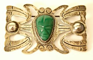 Antique Taxco Mexico Sterling Silver 925 Carved Green Onyx Aztec Mask Brooch