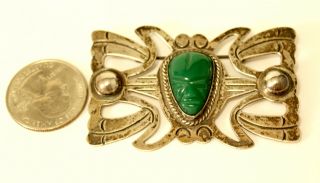Antique Taxco Mexico Sterling Silver 925 Carved Green Onyx Aztec Mask Brooch 2