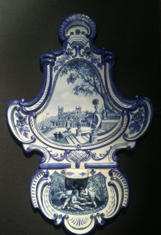 Antique Villeroy & Boch Delft Blue Porcelain Wall Plaque Garden Water Font.