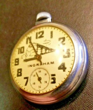 Vintage Ingraham Wind Up Train Locomotive Engine Pocket Watch