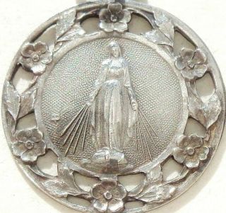 Art Nouveau Antique Silver Medal Pendant To The Miraculous Virgin Holy Mary