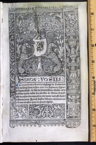Large.  medieval Vellum BoH,  deco.  Border w/detailed scenes,  Simon Vostre,  c.  1512 3