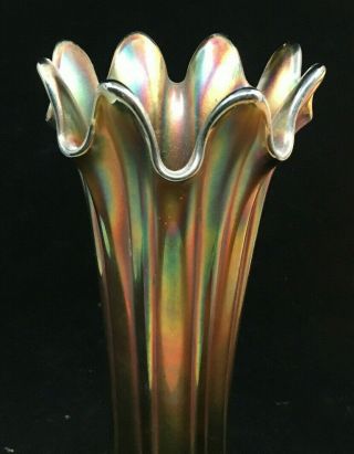 Northwood Green Carnival Glass Tall 12 " Vase Ribbed Irridescent Antique Help ?