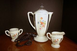 Antique Porcelier Porcelain Electric Coffee Pot & Sugar Bowl & Creamer Set