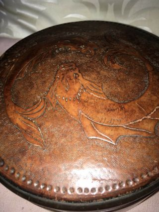 Leather Box With Embossed Fish Decoration Circular Form Prob Antique