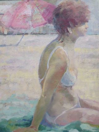 Vintage Old Painting Oil Canvas Girl On Beach