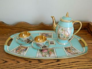 Carlsbad Fine Porcelain Antique Aqua Romantic Couples Tea Set - Czechoslovakia