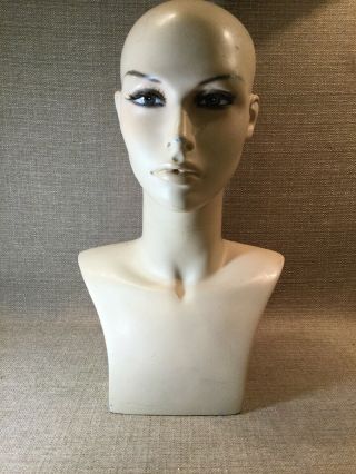 Vintage Female Fiberglass Mannequin Head Bust For Wigs Hats Creepy 16” 2