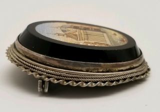 Rare Antique Micro Mosaic Roman Building In Black Onyx Sterling Silver Brooch 4