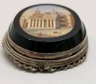 Rare Antique Micro Mosaic Roman Building In Black Onyx Sterling Silver Brooch 7