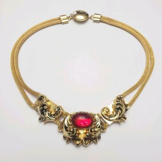 Vintage Victorian Revival Antiqued Gold - Tone Snake Chain Necklace Red Cabochon
