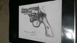 Vintage Andy Warhol Drawing Gun Charcoal Watercolor Drawing On Paper Signed