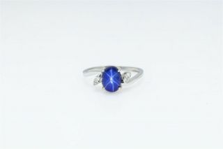 Antique 1950s Signed Trubrite 2ct Blue Star Sapphire Diamond 10k White Gold Ring