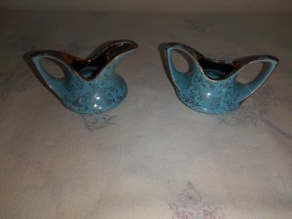 Pearl China Co Hand Decorated Creamer & Sugar Bowl 22kt Gold Turquoise Color