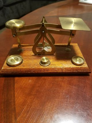 Antique Postal Scale Wood Base & Brass Weights