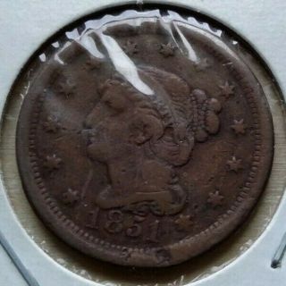 Old & Antique 1851 Braided Hair Large Cent Vg Details W/$0.  99 Cent Start & Nr