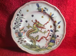 Antique French Faience Hand Painted Plate Rouen Faience W Dragon,  Ff481