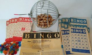 Antique Vintage Bingo Cage With Wooden Balls,  Bingo Cards And Bingo Markers