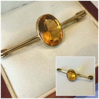 Antique Vintage Jewellery 9ct Gold Large Citrine Faceted Stone Bar Brooch Pin