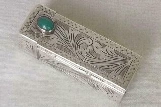 A Stunning 800 Silver Lipstick Holder Case With Green Stone Button & Mirror.